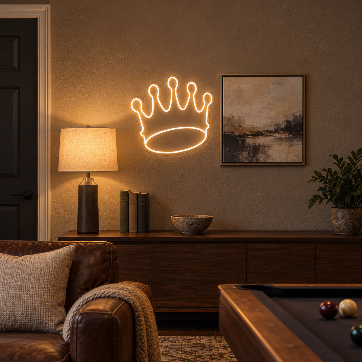 Crown LED Neon Sign for Man Cave Dimmable Wall Decor - Installation Scene