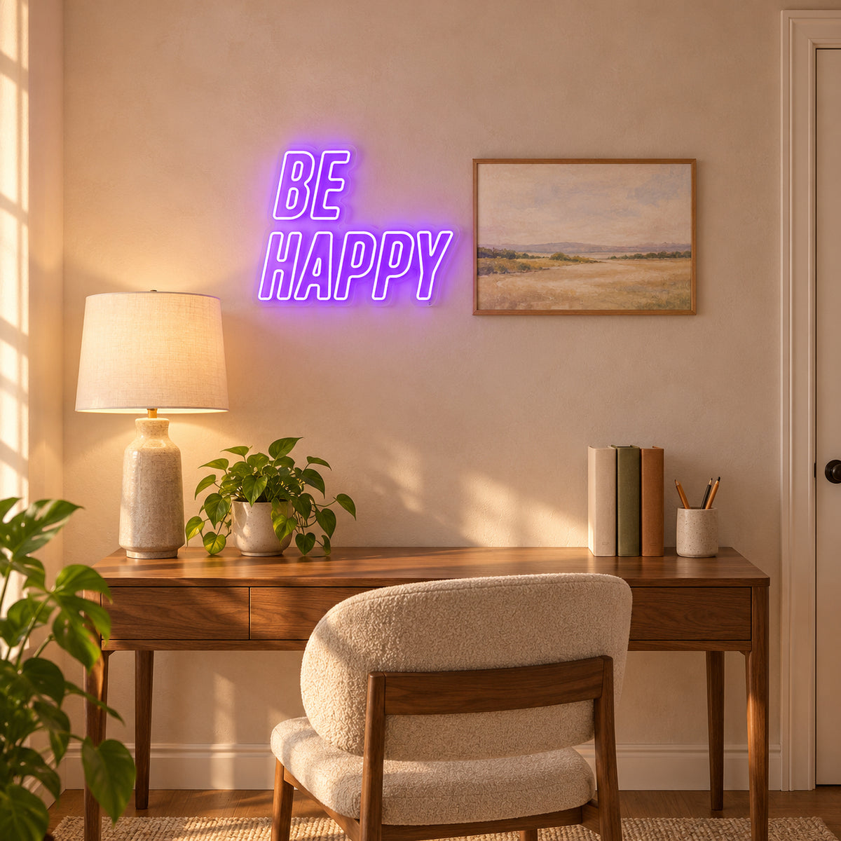 Be Happy LED Neon Sign Caps on Backboard - Installation Scene