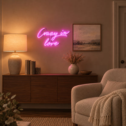 Crazy in Love LED Neon Sign Minimal Glow Script - Installation Scene
