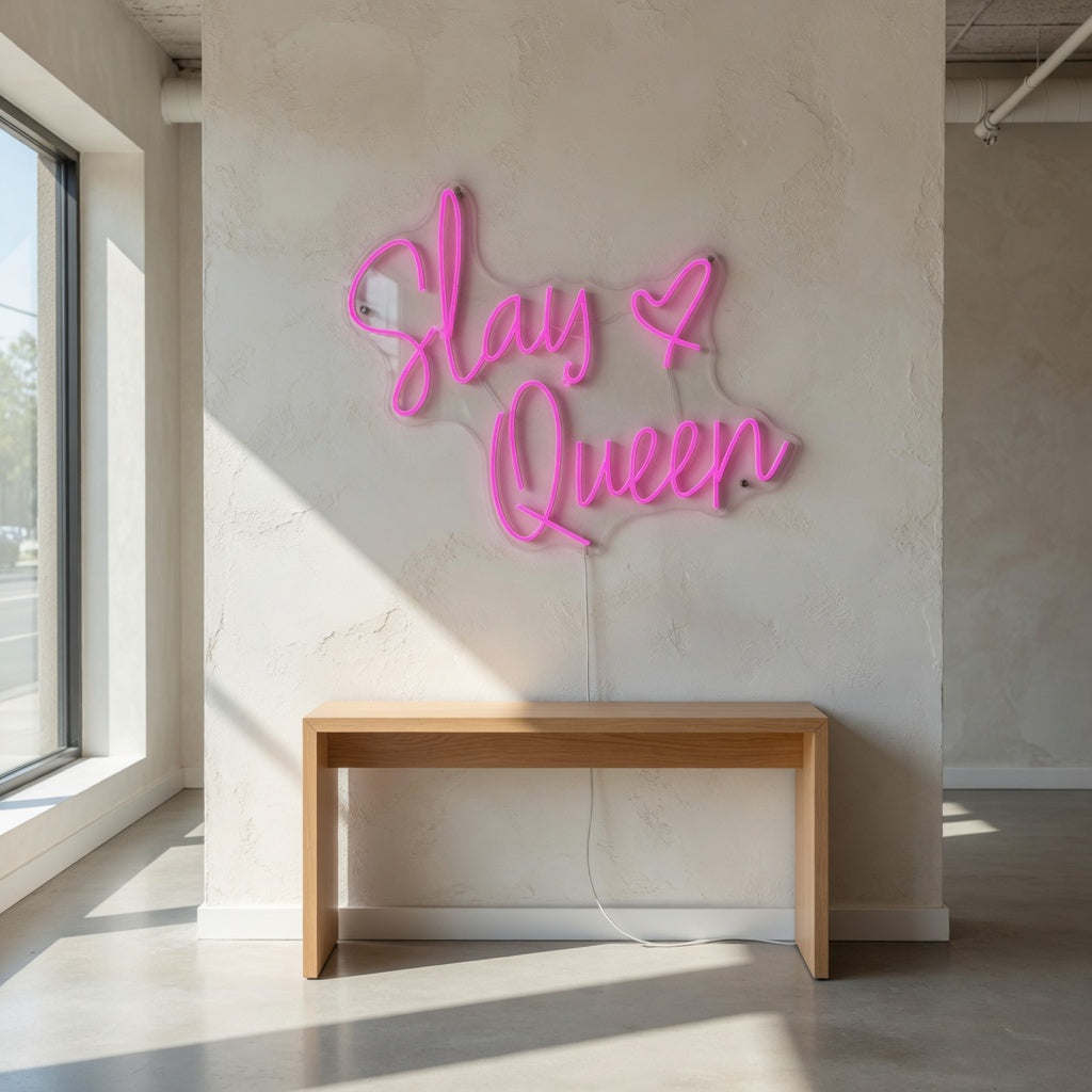Slay Queen LED Neon Sign for Salon Light Up Business Decor - Installation Scene