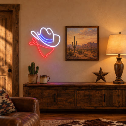 Cowboy Hat and Bandanna LED Neon Sign for Bar Light Up Business Decor - Installation Scene