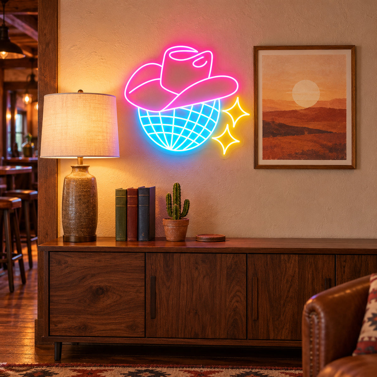 Disco Ball Neon Light Cowgirl Disco LED Neon Sign Dimmable Home Decor - Installation Scene