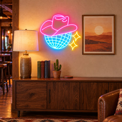 Disco Ball Neon Light Cowgirl Disco LED Neon Sign Dimmable Home Decor - Installation Scene