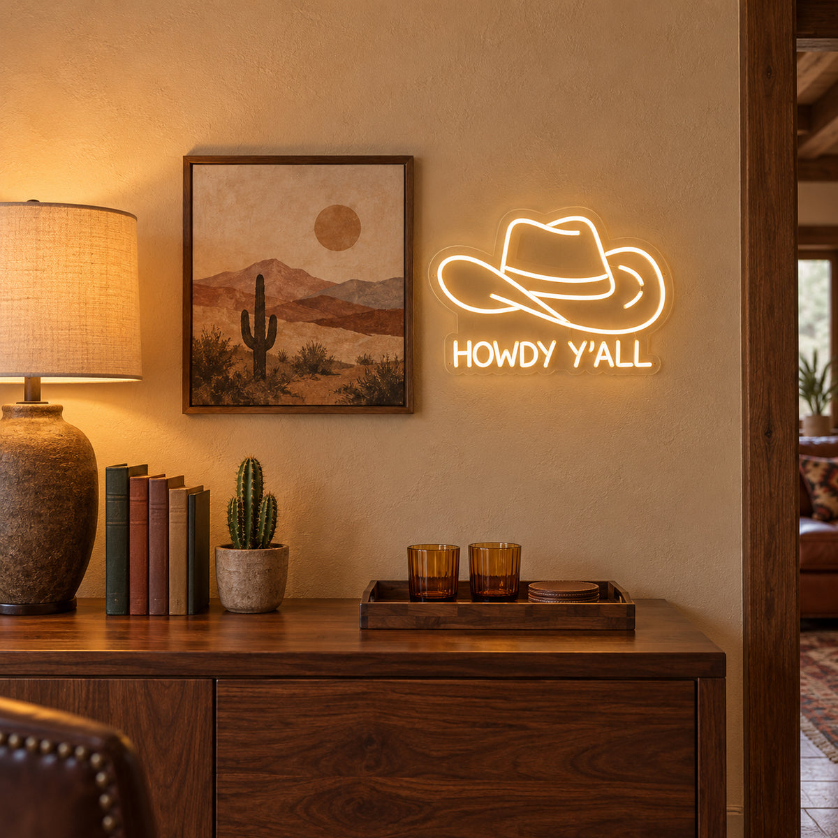 Howdy Y'all Cowboy LED Neon Sign for Bar Light Up Business Decor - Installation Scene