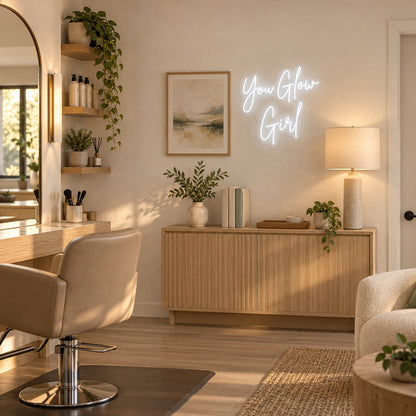 You Glow Girl LED Neon Sign for Salon Light Up Business Decor - Installation Scene