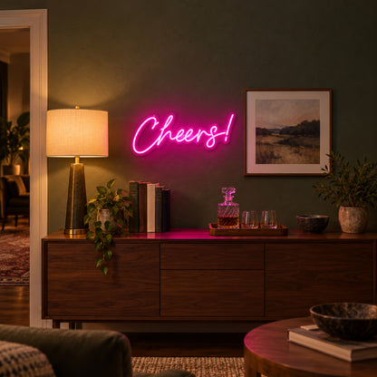 Cheers LED Neon Sign Splash Script with Exclamation - Installation Scene