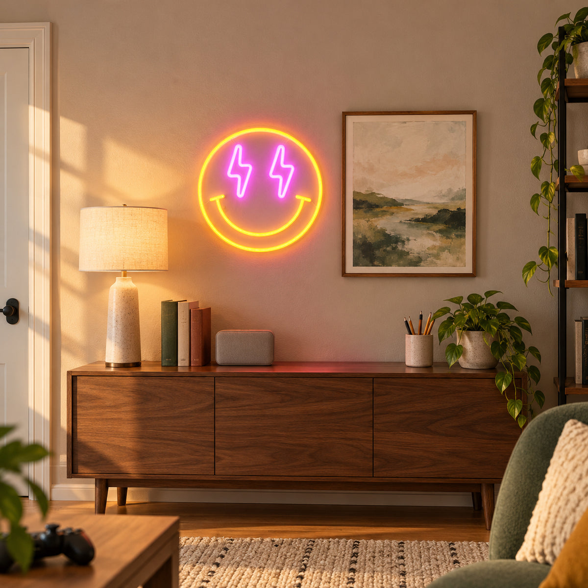Smiley Face Lighting Bolt LED Neon Sign for Man Cave - Installation Scene
