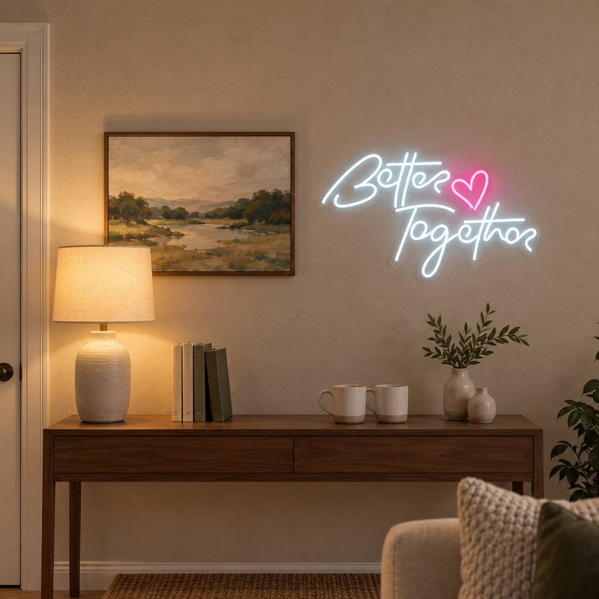 Better Together with Hearts LED Neon Sign Dimmable Wall Light - Installation Scene