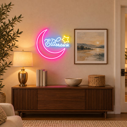 Eid Mubarak LED Neon Sign Crescent Moon and Star Design - Installation Scene
