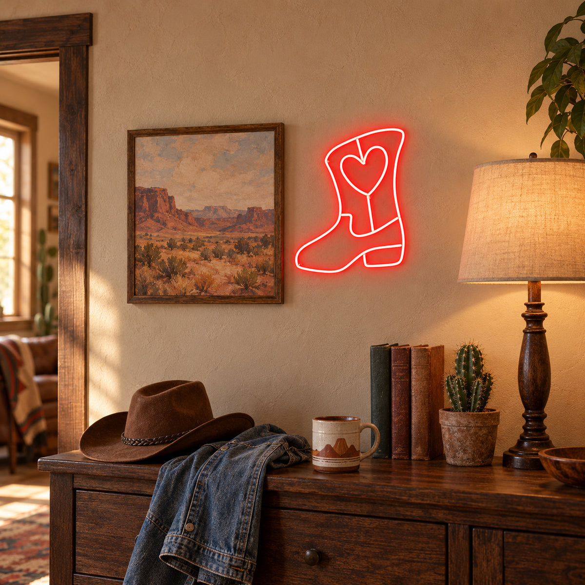 Cowgirl Boot Heart LED Neon Sign Dimmable Wall Light - Installation Scene