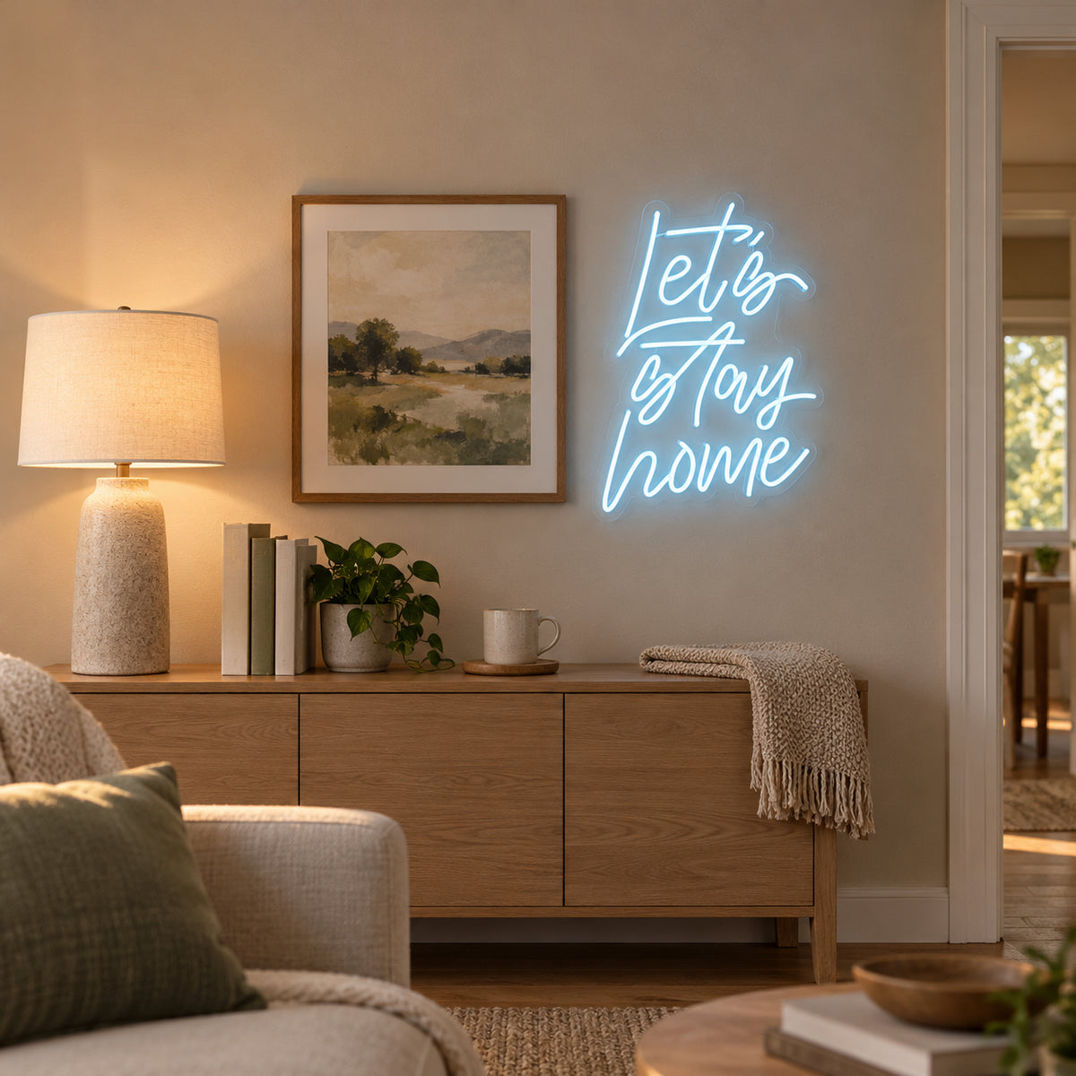 Let's Stay Home LED Neon Sign Rounded Three Line Script - Installation Scene