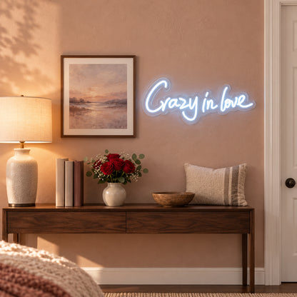Crazy in Love LED Neon Sign Greenery Wall Script - Installation Scene