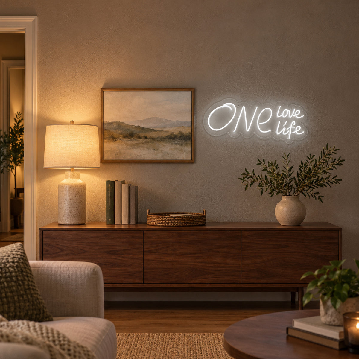 One Love One Life LED Neon Sign Dimmable Wall Light - Installation Scene