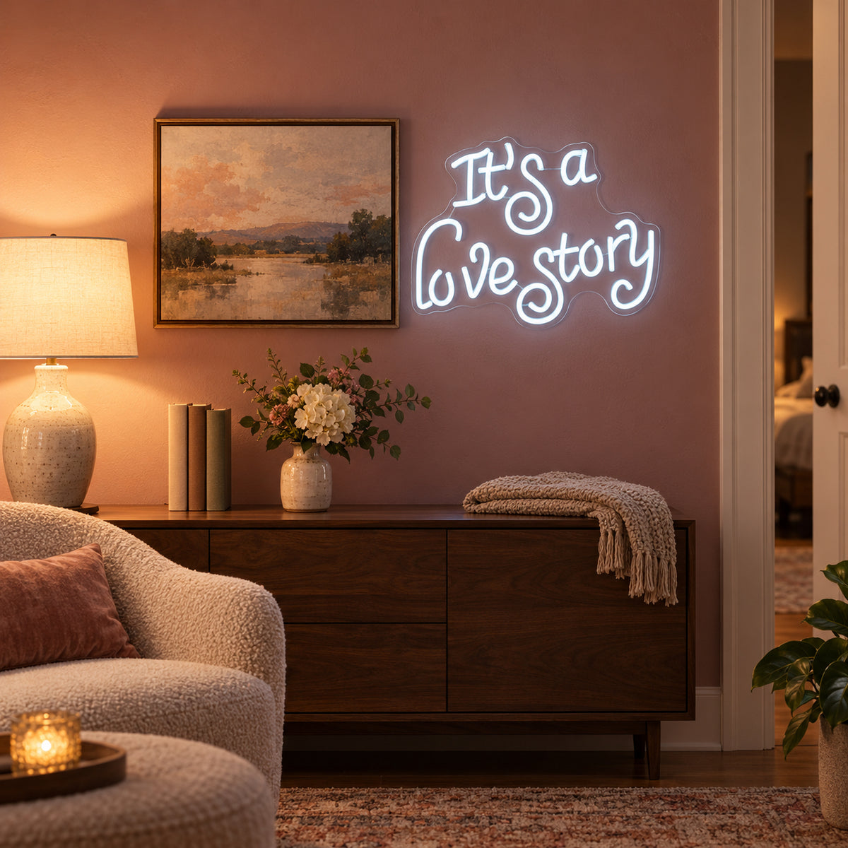 It's a Love Story LED Neon Sign Dimmable Wall Light - Installation Scene