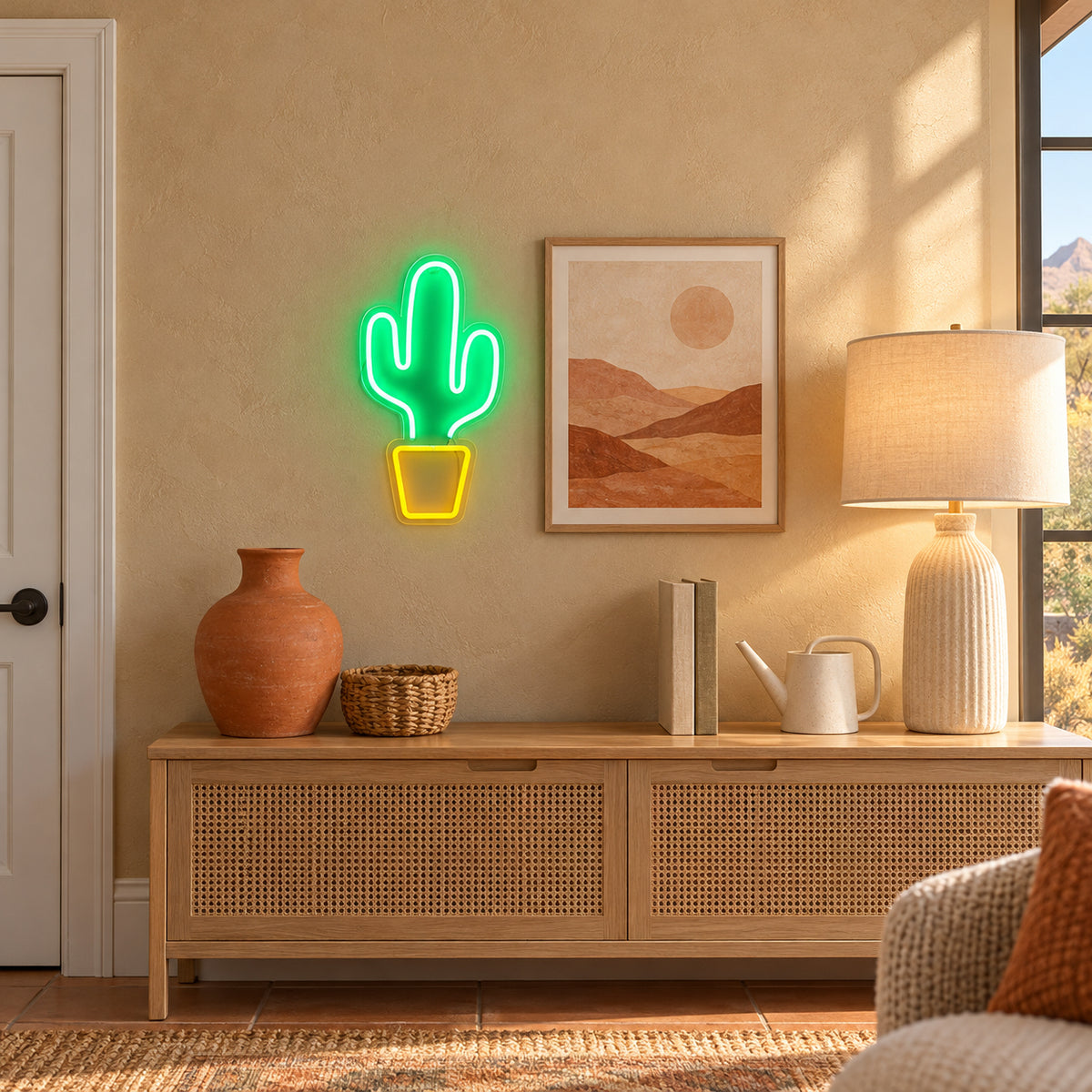 Cactus Plant LED Neon Sign Potted Cactus with Blooms - Installation Scene