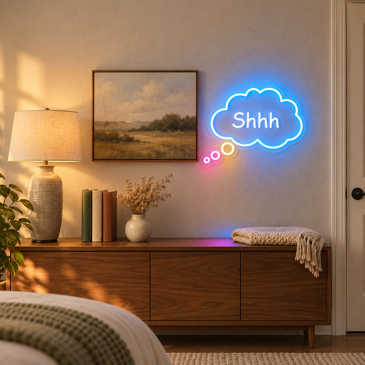 Shhh Keep Quiet And People Sleeping LED Neon Sign Dimmable Wall Light - Installation Scene
