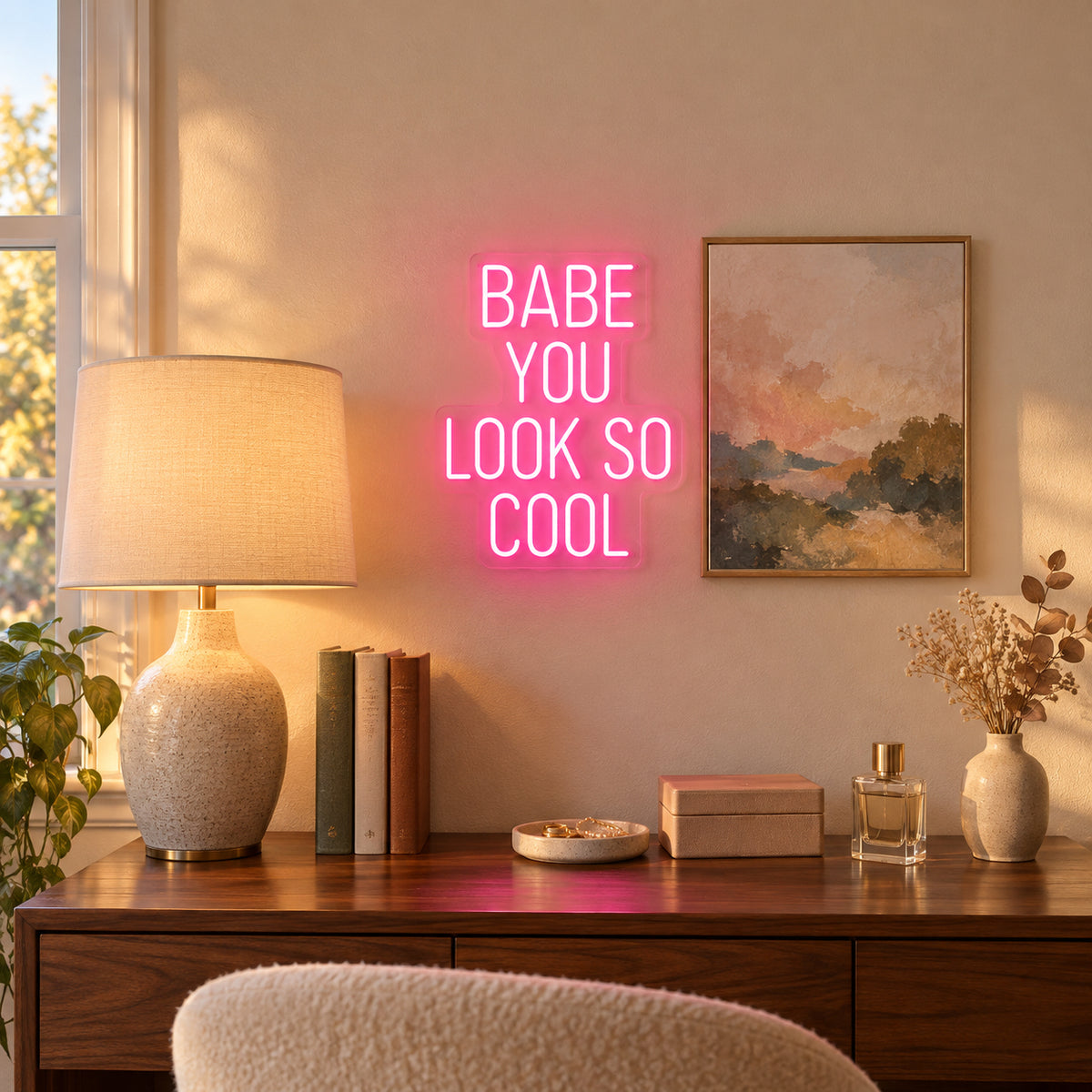 Babe You Look So Cool LED Neon Sign Square Stacked Caps - Installation Scene