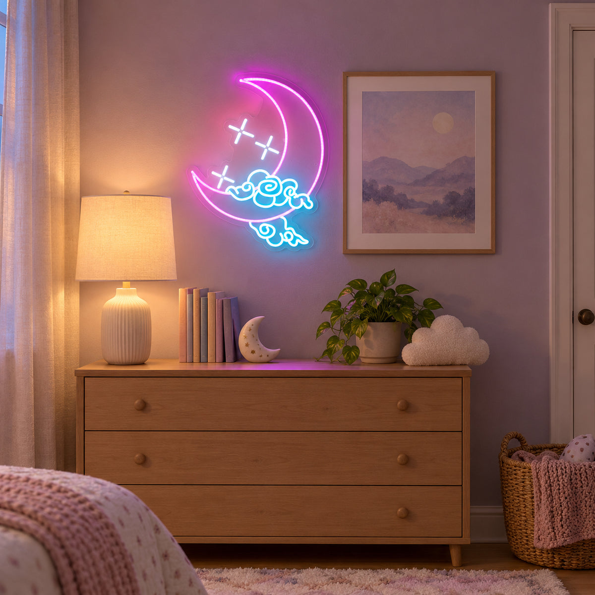 Half Moon with Stars and Clouds LED Neon Sign Dimmable Wall Light - Installation Scene
