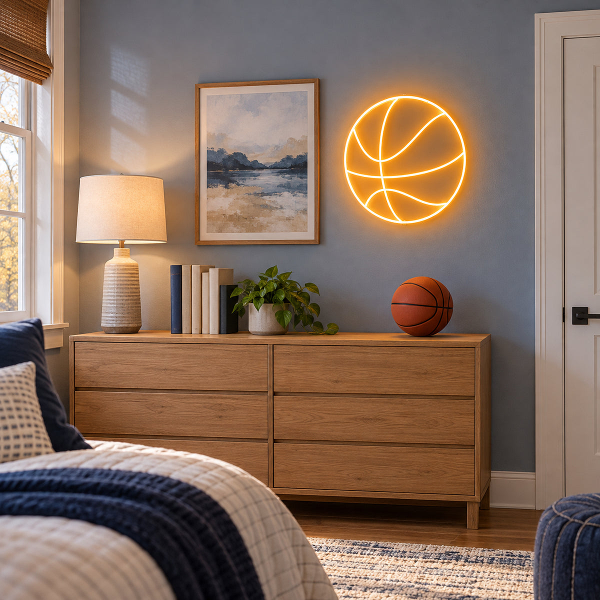 Basketball LED Neon Sign for Kids Room Dimmable Wall Decor - Installation Scene