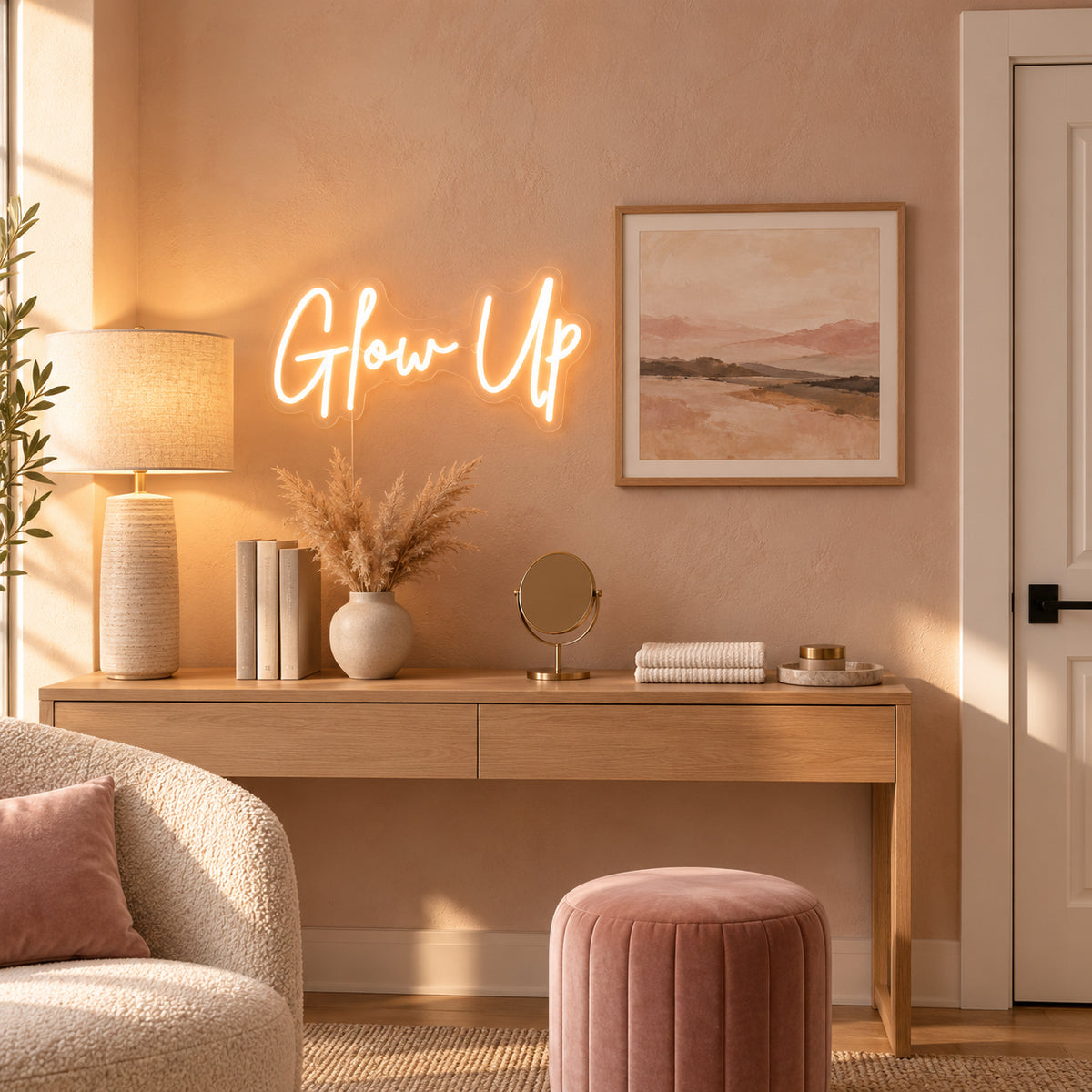 Glow Up LED Neon Sign Clean Script Design - Installation Scene