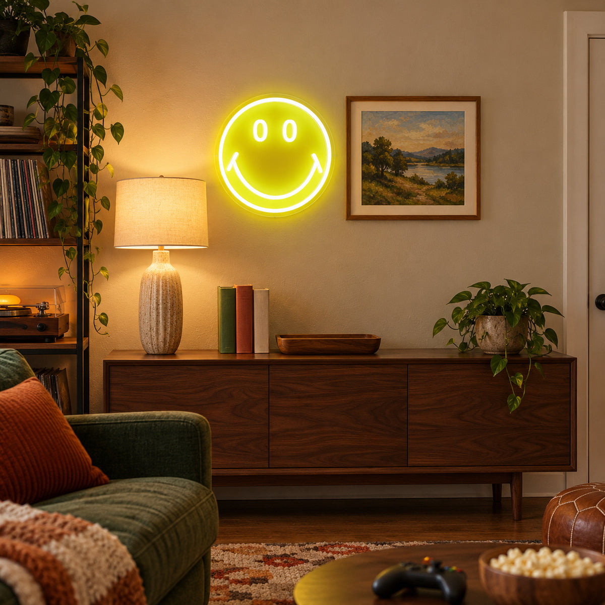 Smiley Classic LED Neon Sign for Man Cave Dimmable Wall Decor - Installation Scene