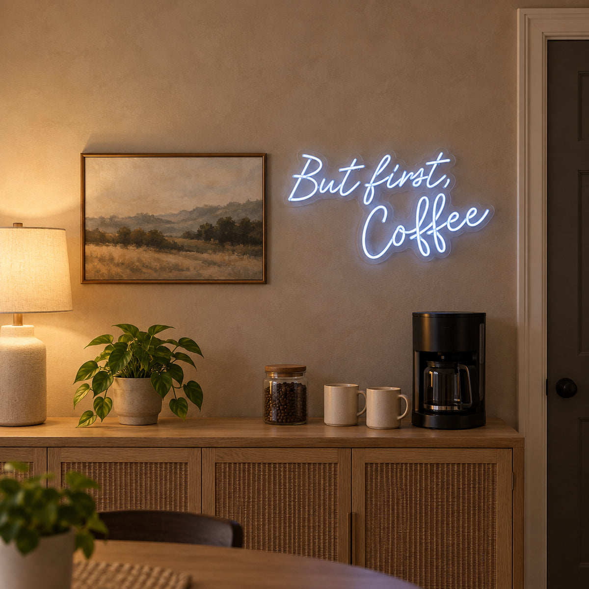 But First Coffee LED Neon Sign for Kitchen & Cafe Wall Decor - Installation Scene