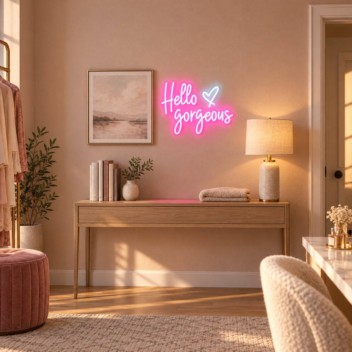Hello Gorgeous LED Neon Sign Script with Heart Accent - Installation Scene
