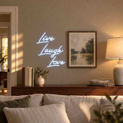 Live Laugh Love LED Neon Sign Slanted Script Stack - Installation Scene