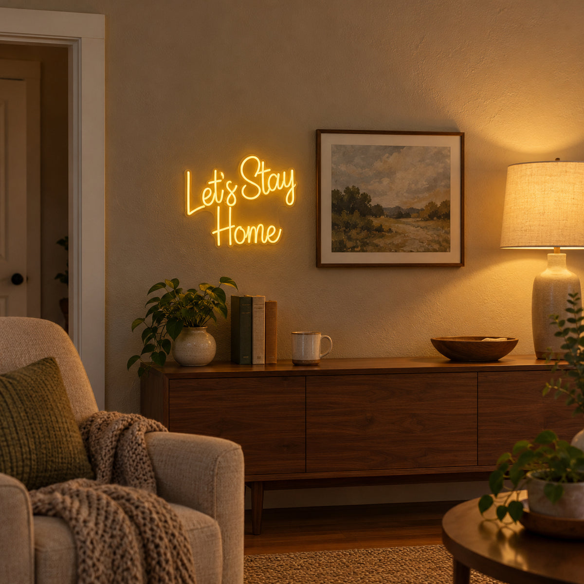 Let's Stay Home LED Neon Sign Script with Florals - Installation Scene