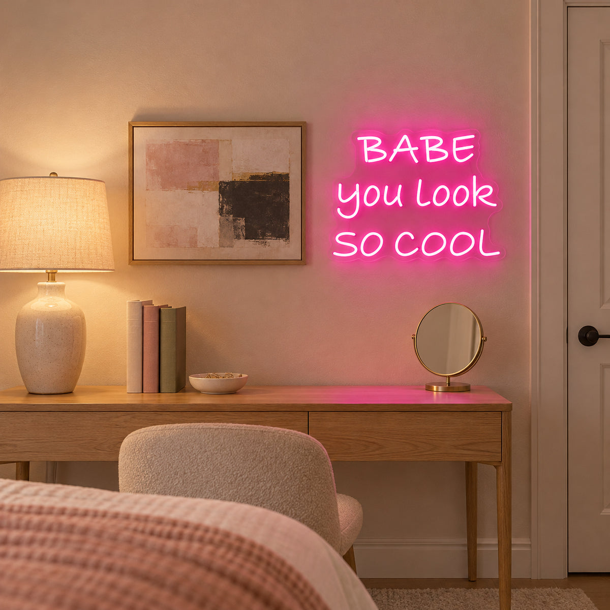Babe You Look So Cool LED Neon Sign Caps and Script Mix - Installation Scene