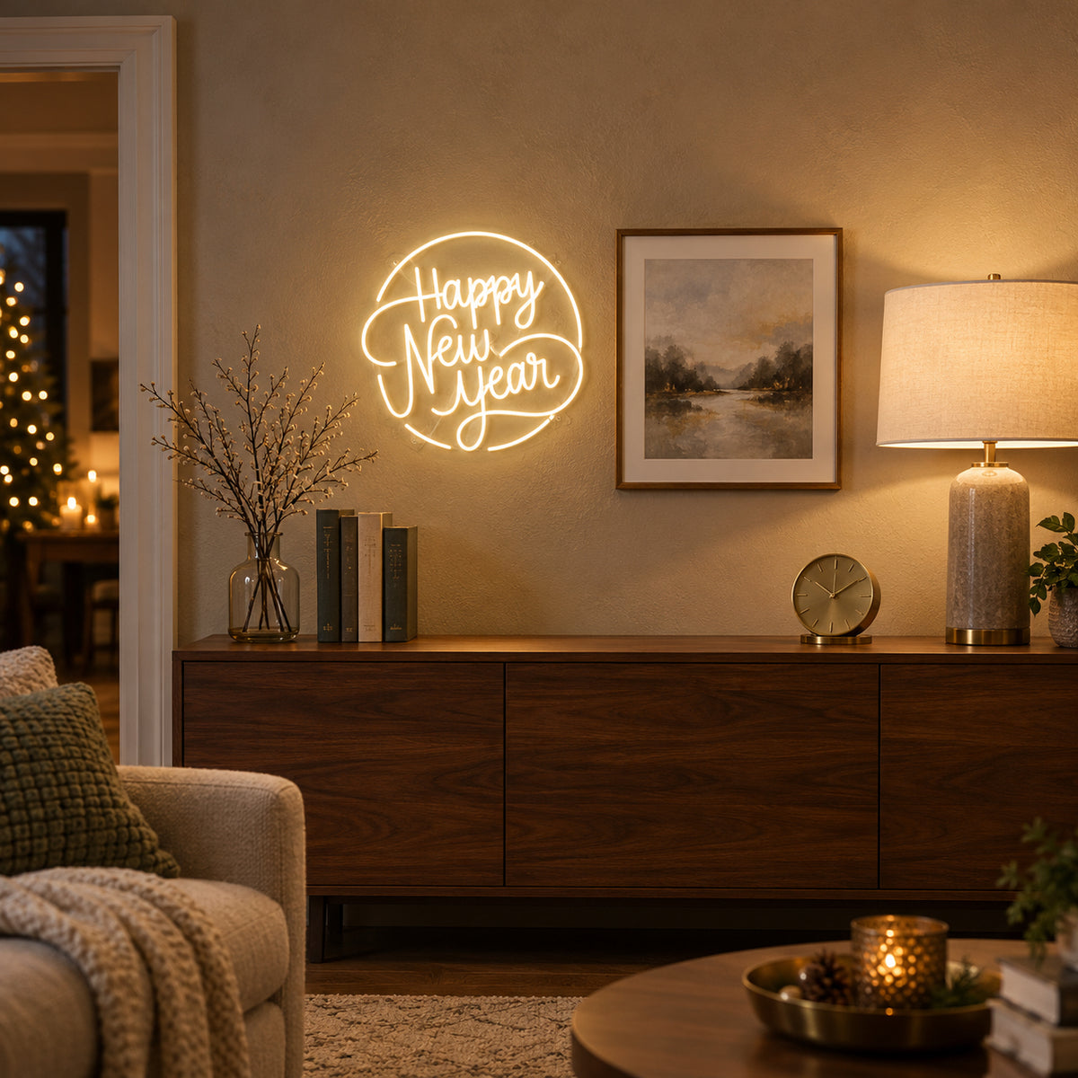 Happy New Year LED Neon Sign Dimmable Wall Light - Installation Scene