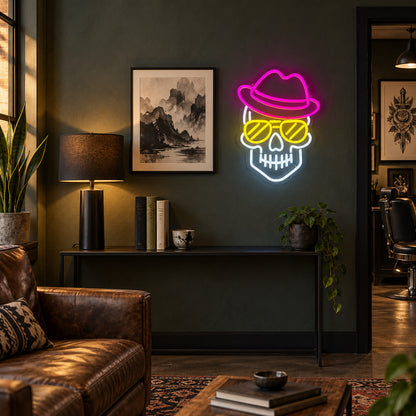 Skull Face Cool LED Neon Sign for Tattoo Studio Light Up Wall Decor - Installation Scene