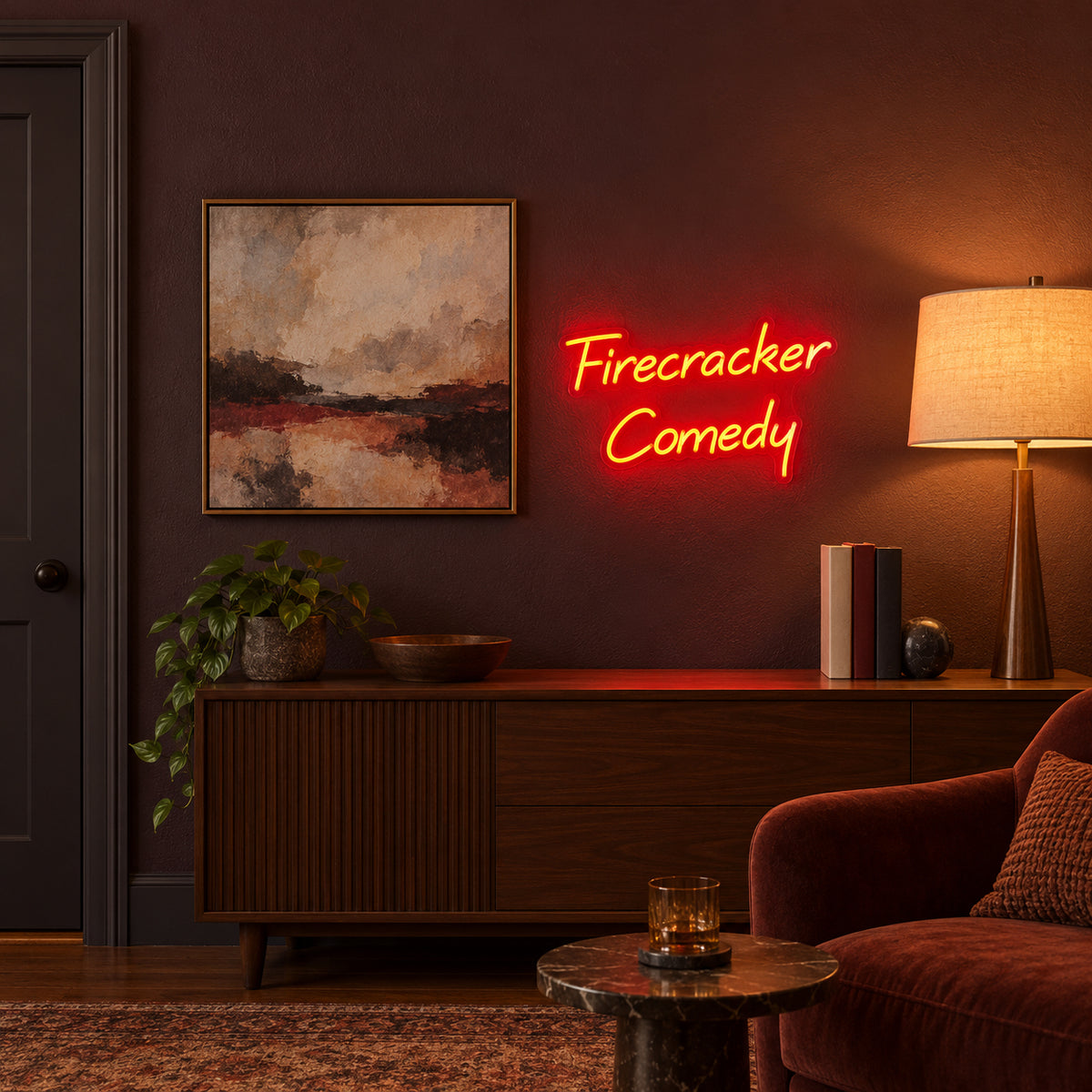 Firecracker Comedy LED Neon Sign Dimmable Wall Light - Installation Scene