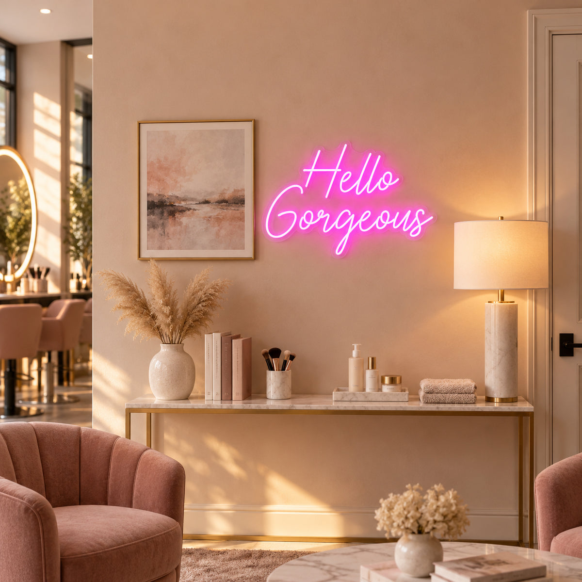 Hello Gorgeous LED Neon Sign for Business Light Up Wall Decor - Installation Scene