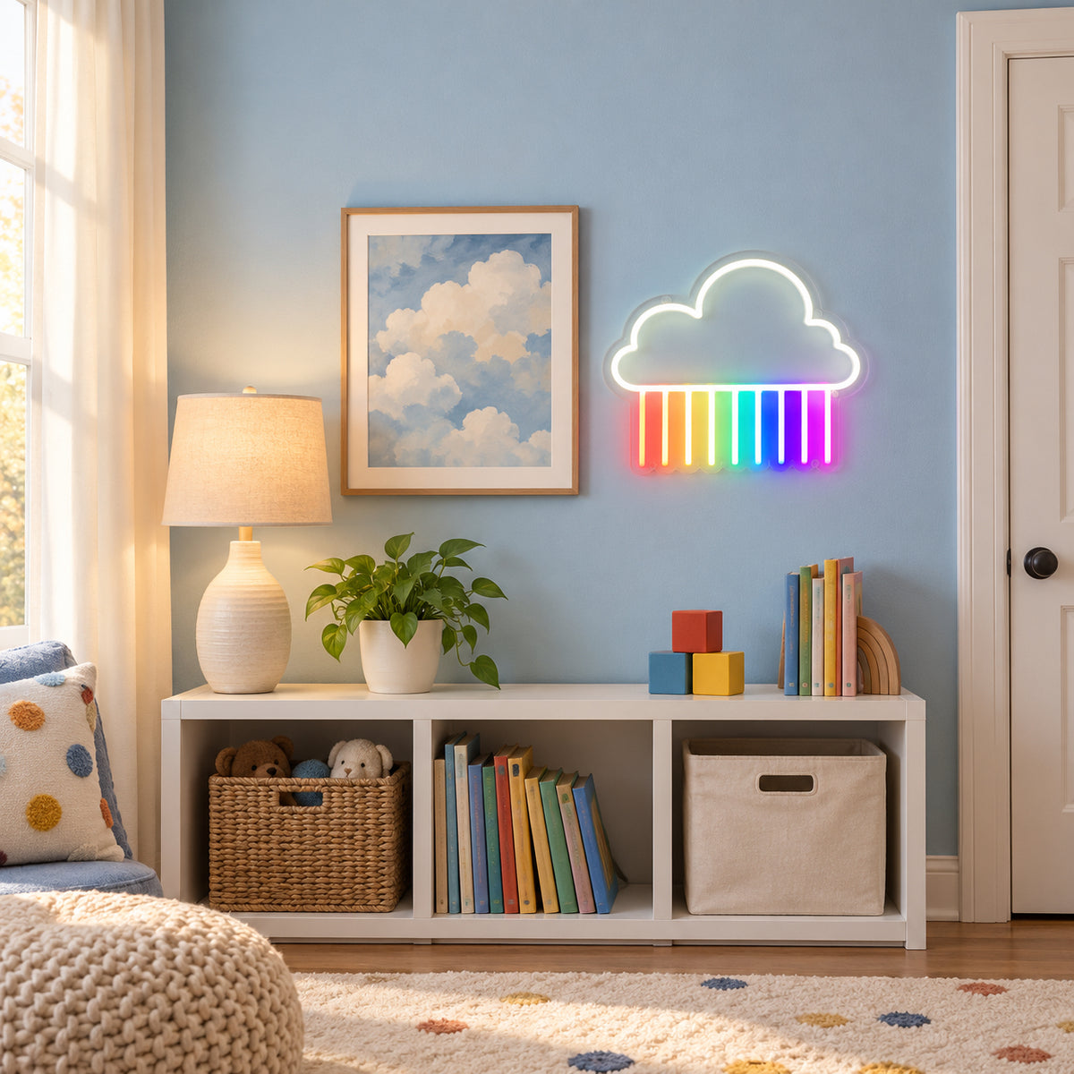 Rainbow Cloud LED Neon Sign for Kids Room Dimmable Wall Decor - Installation Scene