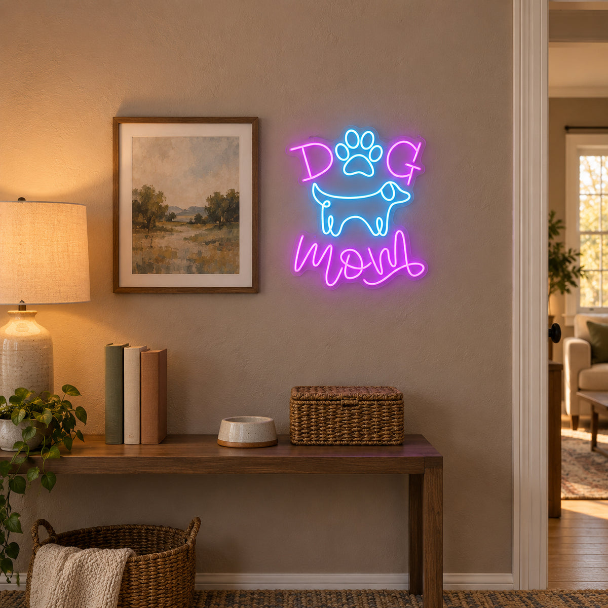Dog Mom LED Neon Sign Warm Script Style - Installation Scene