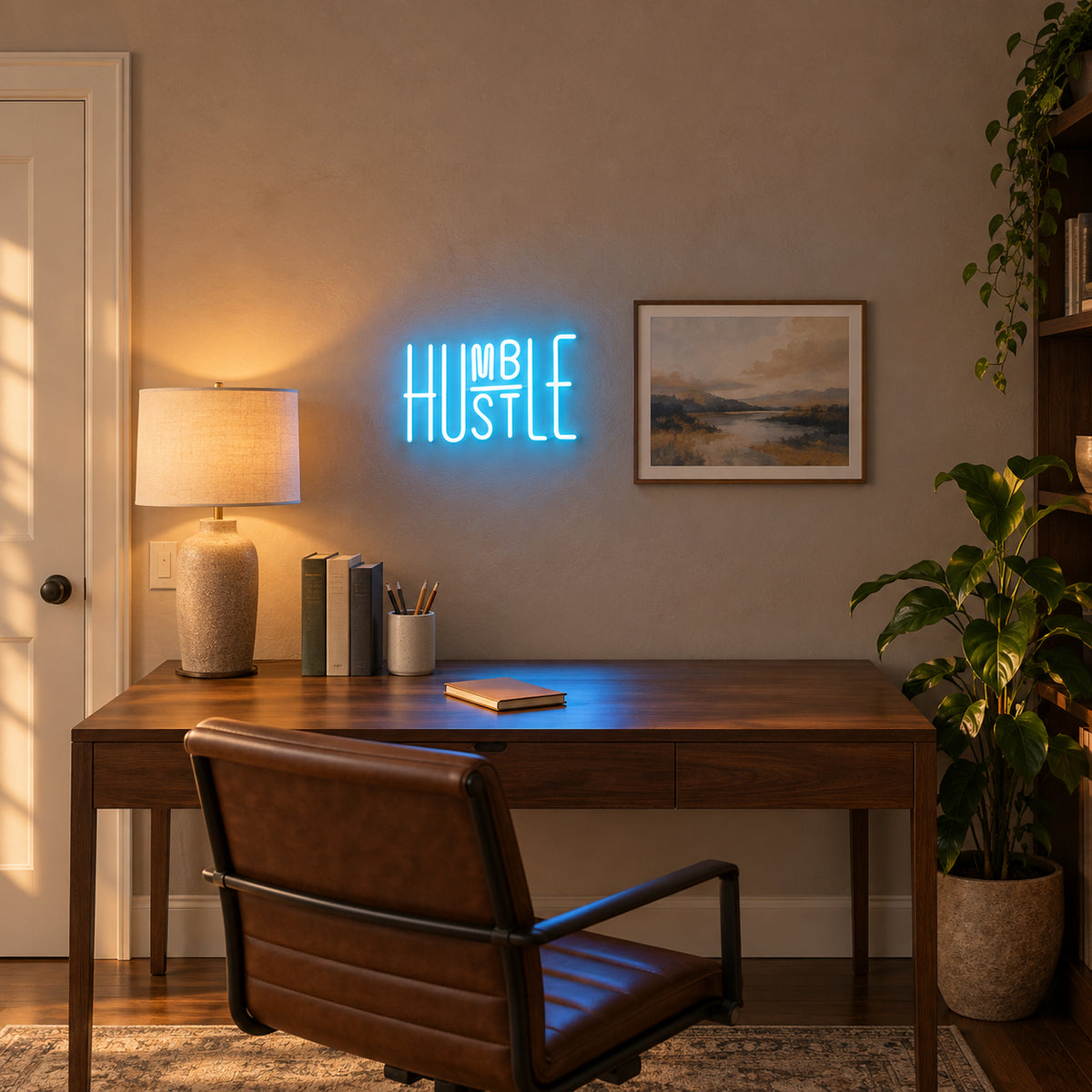 Hustle Humble LED Neon Sign for Office Light Up Business Decor - Installation Scene