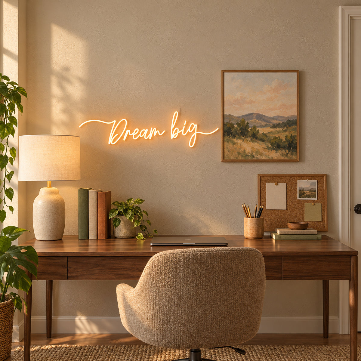 Dream Big LED Neon Sign Rustic Board Script - Installation Scene