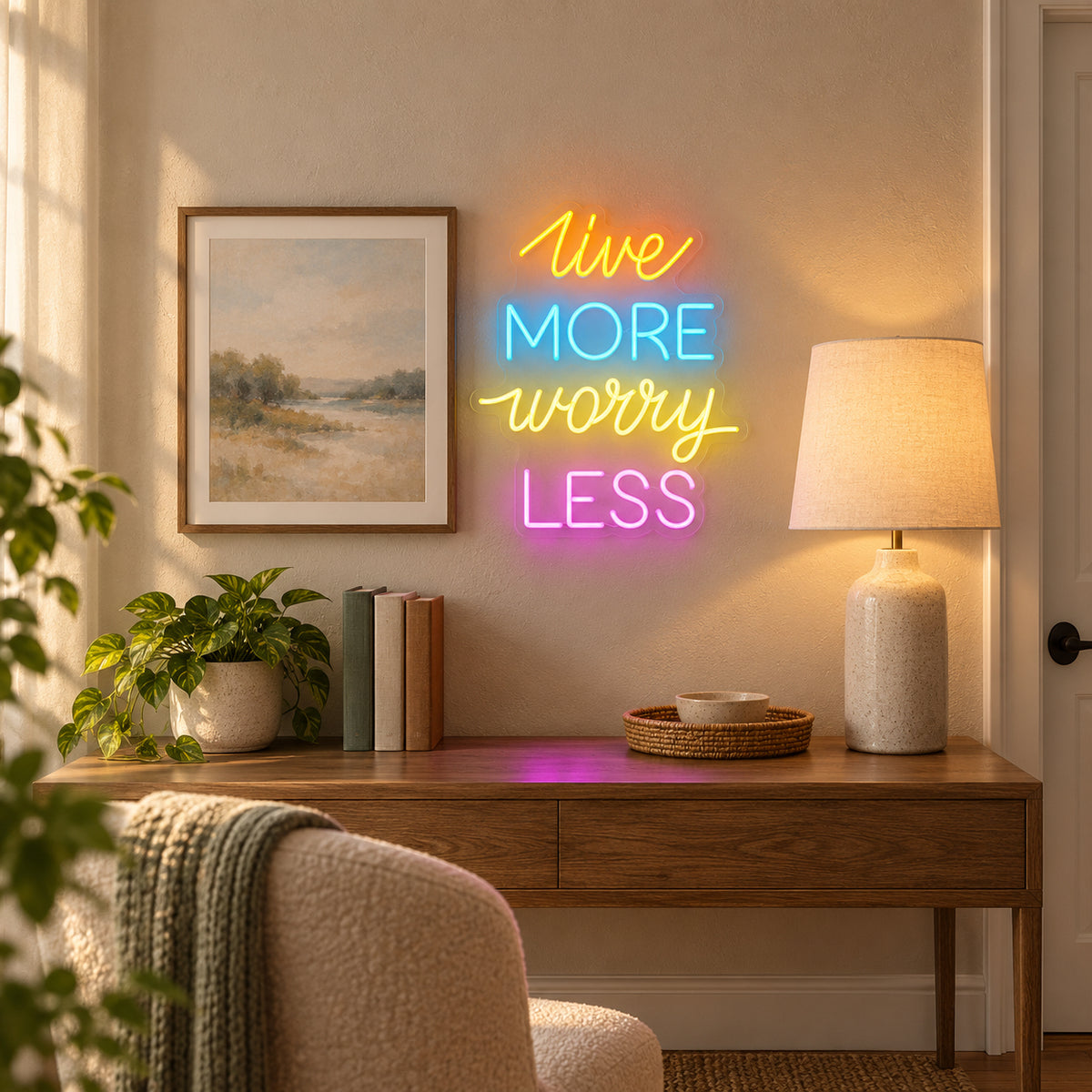 Live More Worry Less LED Neon Sign Multicolor Arc Stack - Installation Scene