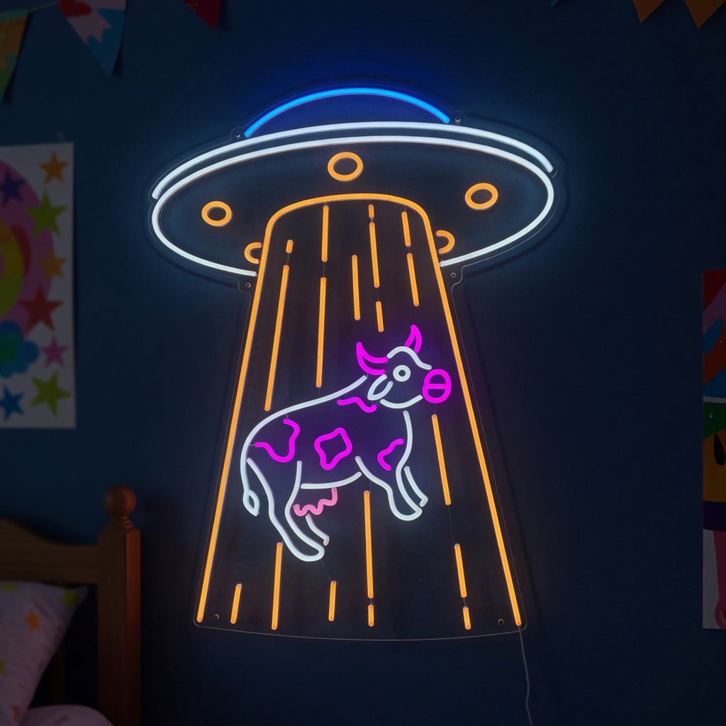 UFO Abducting Cow LED Neon Sign for Kids Room - Shineneon