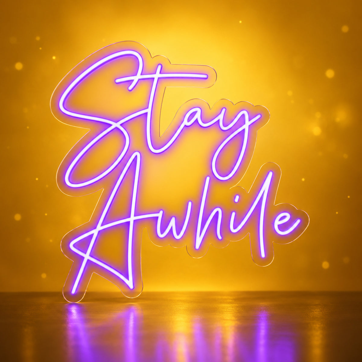 Stay Awhile LED Neon Sign Cool Purple Era Script - Facebook Ad Image