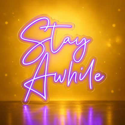 Stay Awhile LED Neon Sign Cool Purple Era Script - Facebook Ad Image