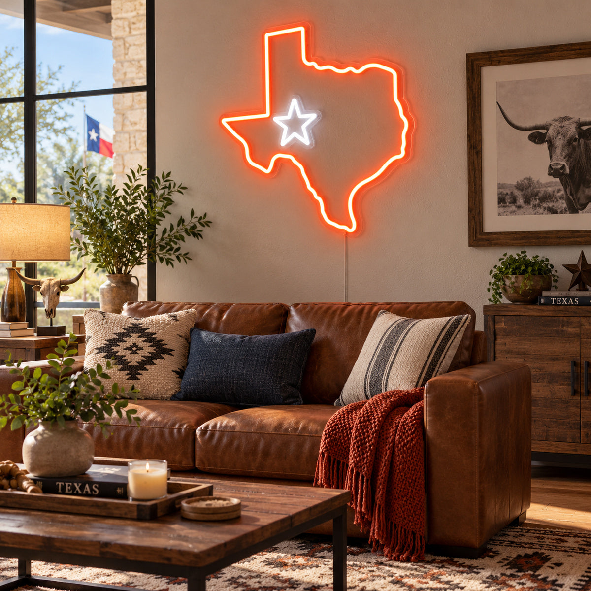 Texas Map Lone Star Vintage LED Neon Sign Wall Neon Signs - Texas Home Scene