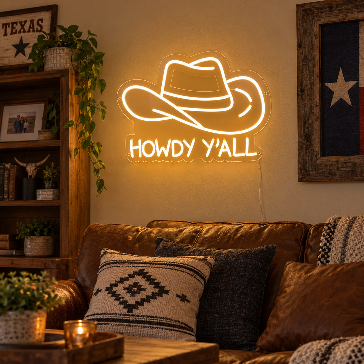 Howdy Yall Cowboy Hat LED Neon Sign Wall Neon Signs - Texas Home Scene