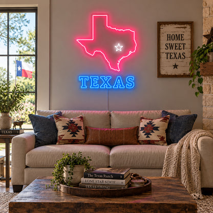 Texas State Map Star Vintage LED Neon Sign Wall Neon Signs - Texas Home Scene