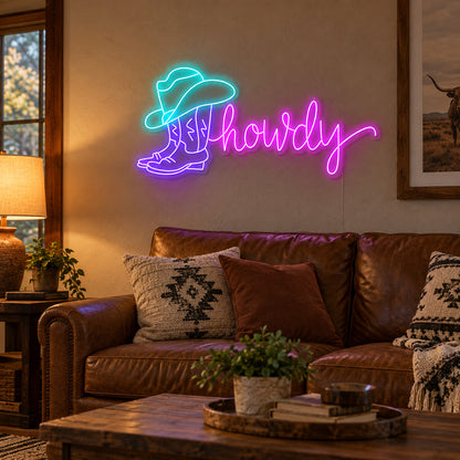 Howdy Cowboy Boot Hat LED Neon Sign Wall Neon Signs - Texas Home Scene