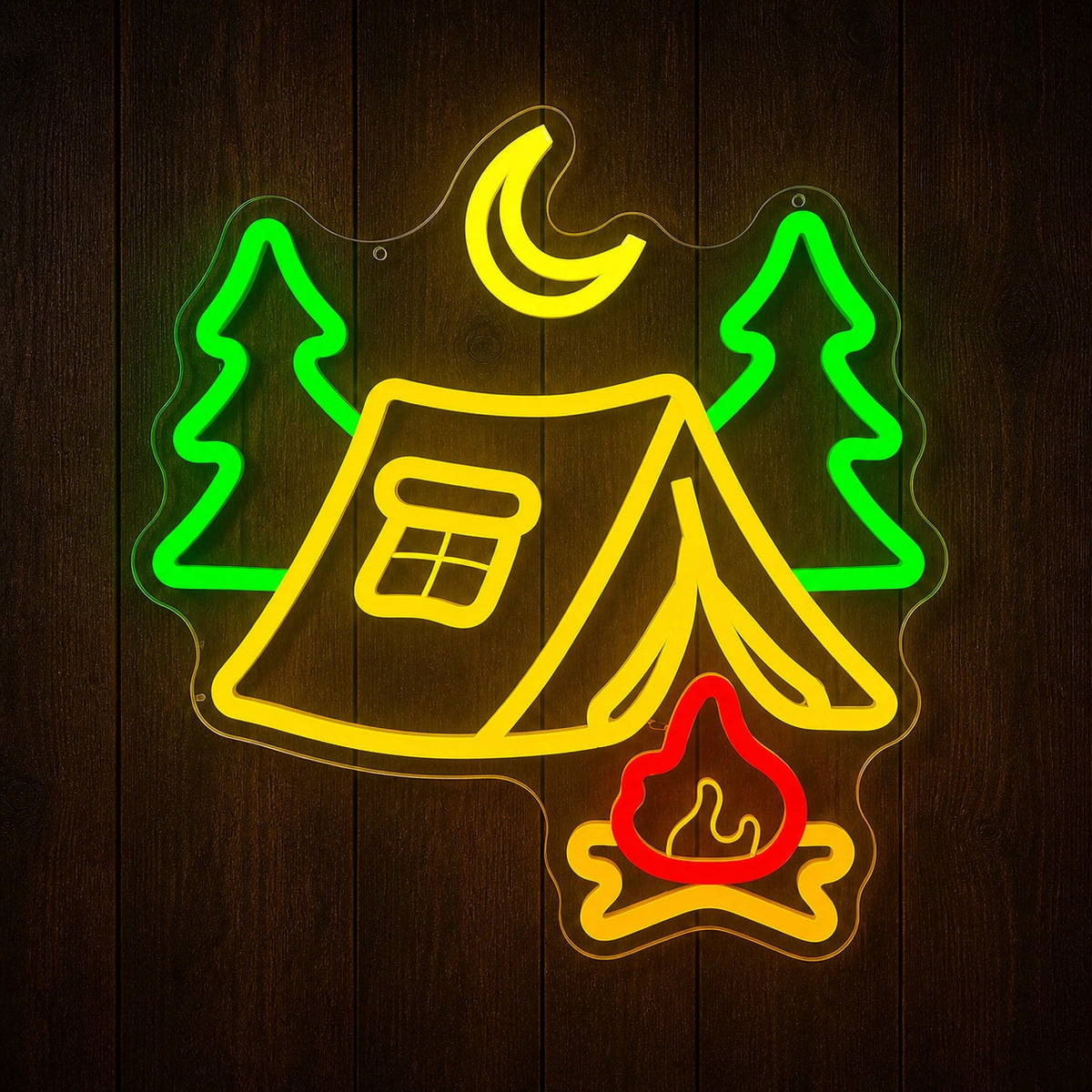 Tent Pine Trees Crescent Moon Campfire Vintage LED Neon Sign Home Neon Signs - Shineneon