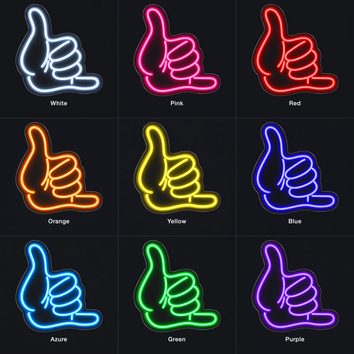 Hang Loose Hand Gesture LED Neon Sign Shaka Hand Outline - Color Grid