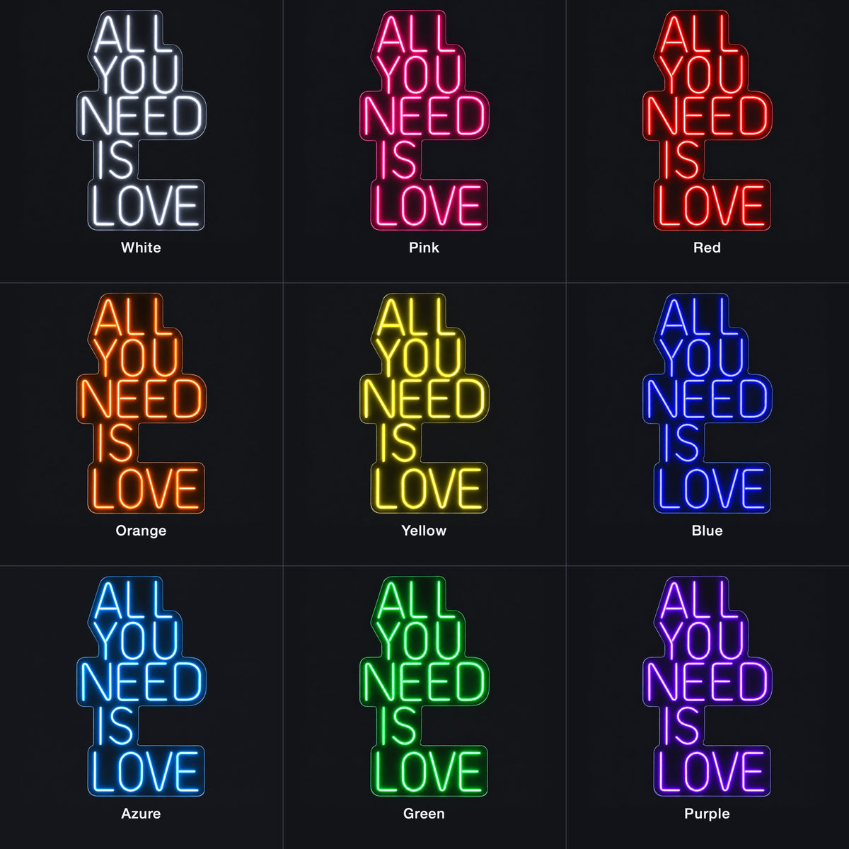 All You Need is Love LED Neon Sign Block Capital Letters - Color Grid