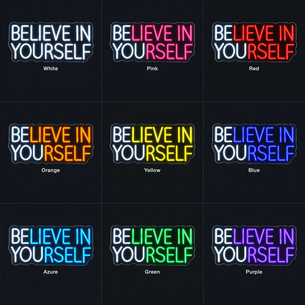 Believe in Yourself LED Neon Sign Boxed Caps Mix - Color Grid
